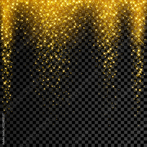 Gold glitter christmas confetti on transparent background. Vector star sparkle rain with glowing shine splatter explosion texture on black xmas background