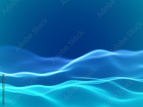 Abstract digital landscape or waves with flowing particles. Big data or technology background. Visualization of sound waves. Virtual reality concept: 3D digital surface. EPS 10 vector illustration.