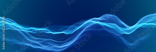 Abstract digital landscape or waves with flowing particles. Big data or technology background. Visualization of sound waves. Virtual reality concept: 3D digital surface. EPS 10 vector illustration. photo