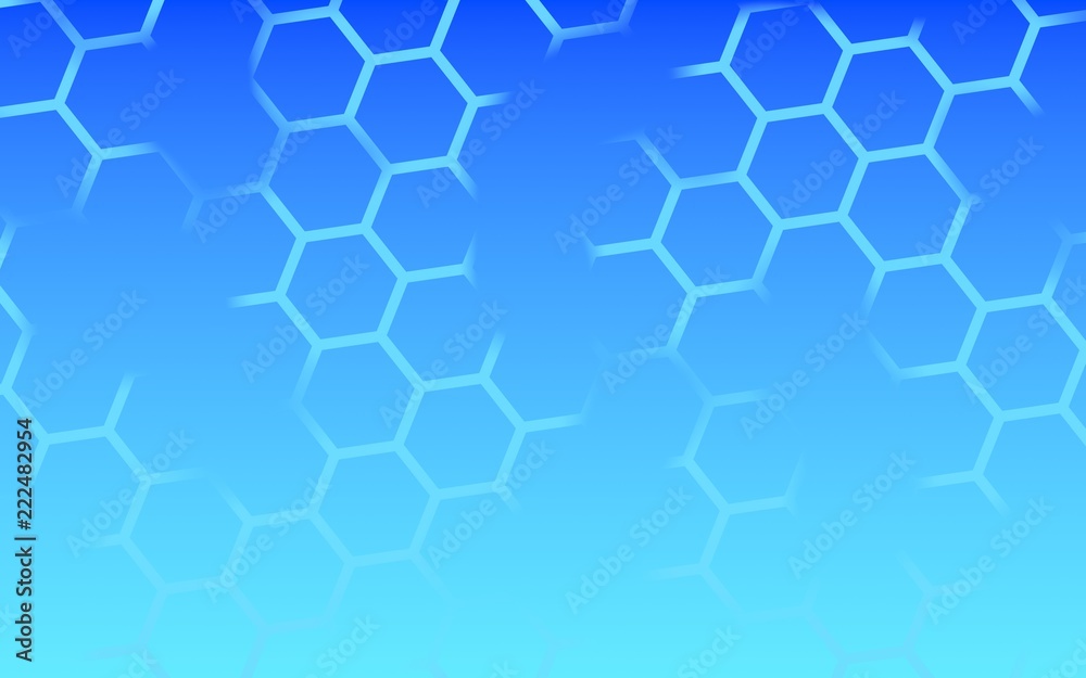 Translucent, with breaks, honeycomb on a gradient blue sky background. Perspective view on polygon look like honeycomb. Isometric geometry. 3D illustration Translucent, with breaks, honeycomb on a gradient blue sky background. Perspective view on polygon look like honeycomb. Isometric geometry. 3D illustration