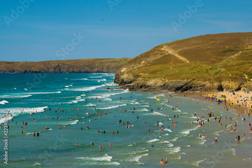 A very busy beach at Perranporth, Cornwall, UK photo