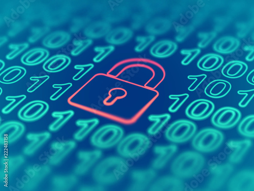 Data secure concept: red closed padlock on binary code background. Cyber security and protection of networks in the age of digital information. Internet login visualization. EPS 10 vector illustration