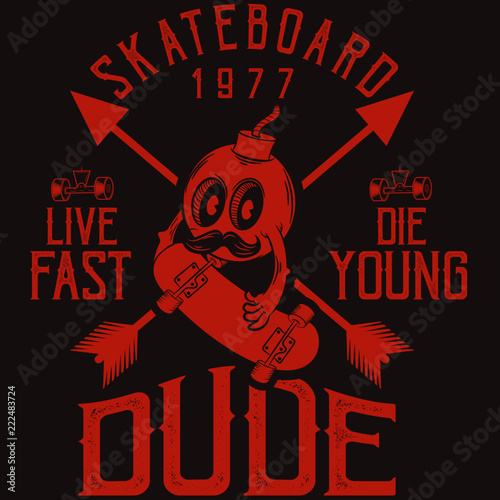 Ilustracion de comba con tabla de skate con bigotes y textos