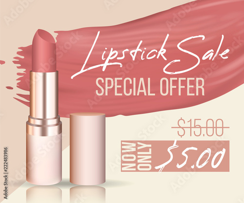 Vector sale banner with lipstick stokes and lipstick. Good for salons, beauty shops.