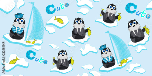Vector pattern with walrus that float on an ice floe and fish. Illustration of a cartoon ship-ice. Prints for children's clothing and textiles.