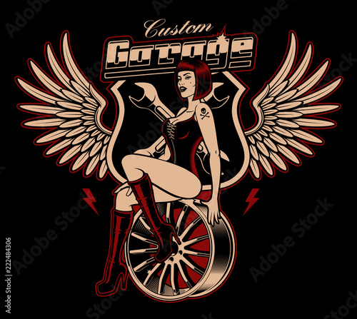 Pin up girl on the car disk