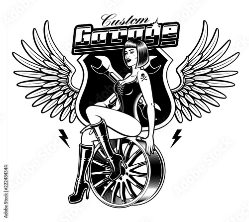 Pin up girl on the car disk.