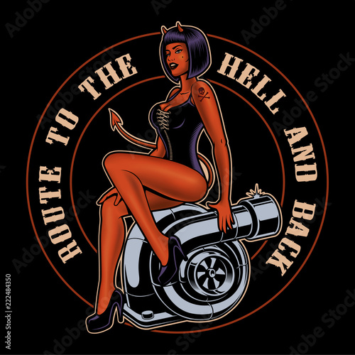 Pin up girl devil on the turbocharger.