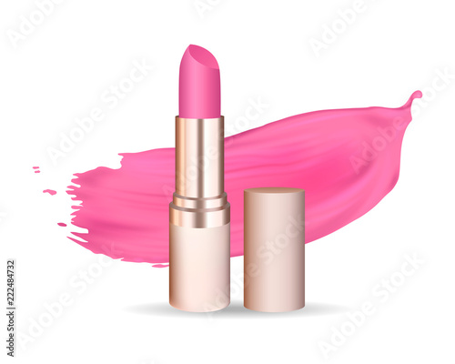 Light golden champagne color lipstick tube with pink lipstick and lipstick smear. Vector realistic illustration isolated on white background. Good for advertising banners, promoting of makeup.