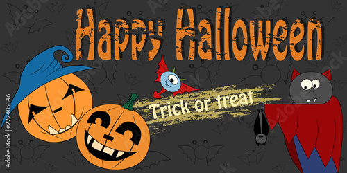 Happy Halloween. Vector banner for congratulations with Halloween. Diwan  a template for a greeting banner  postcards. Design for kids t-shirt. Banner with cartoon pumpkins.