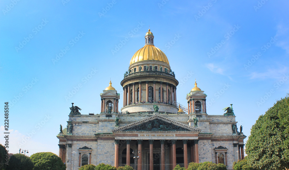 Saint Isaac's Cathedral in St. Petersburg, Russia. Orthodox Church and Museum Building, Famous Saint Petersburg City Travel Landmark. Saint Isaac Cathedral Outdoor View on Beautiful Sunny Summer Day