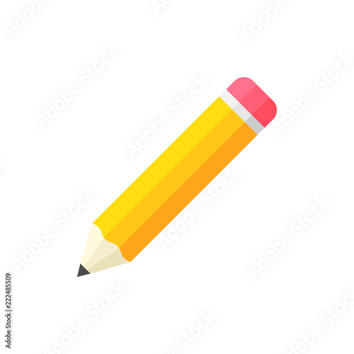 Realistic yellow wooden pencil with rubber eraser icon in flat style. Highlighter vector illustration on white isolated background. Pencil business concept. photo