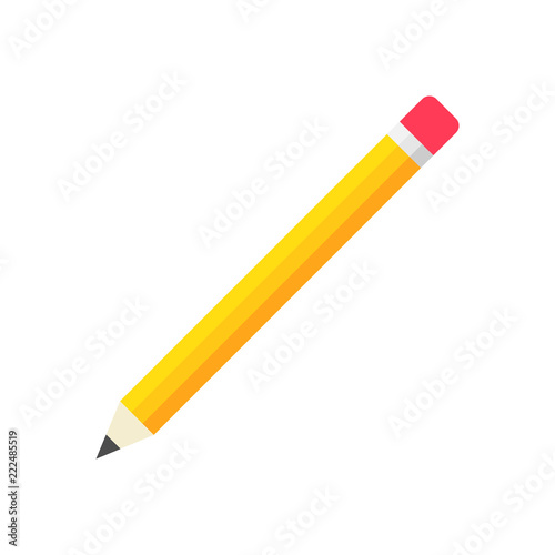 Realistic yellow wooden pencil with rubber eraser icon in flat style. Highlighter vector illustration on white isolated background. Pencil business concept.
