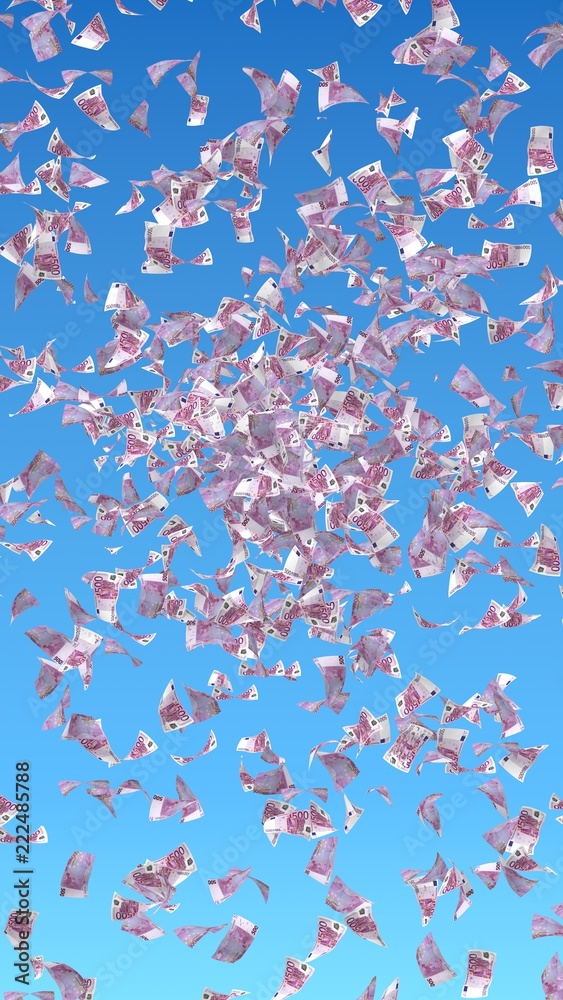 Flying euro banknotes against the sky background. Money is flying in the air. 500 EURO in color. 3D illustration