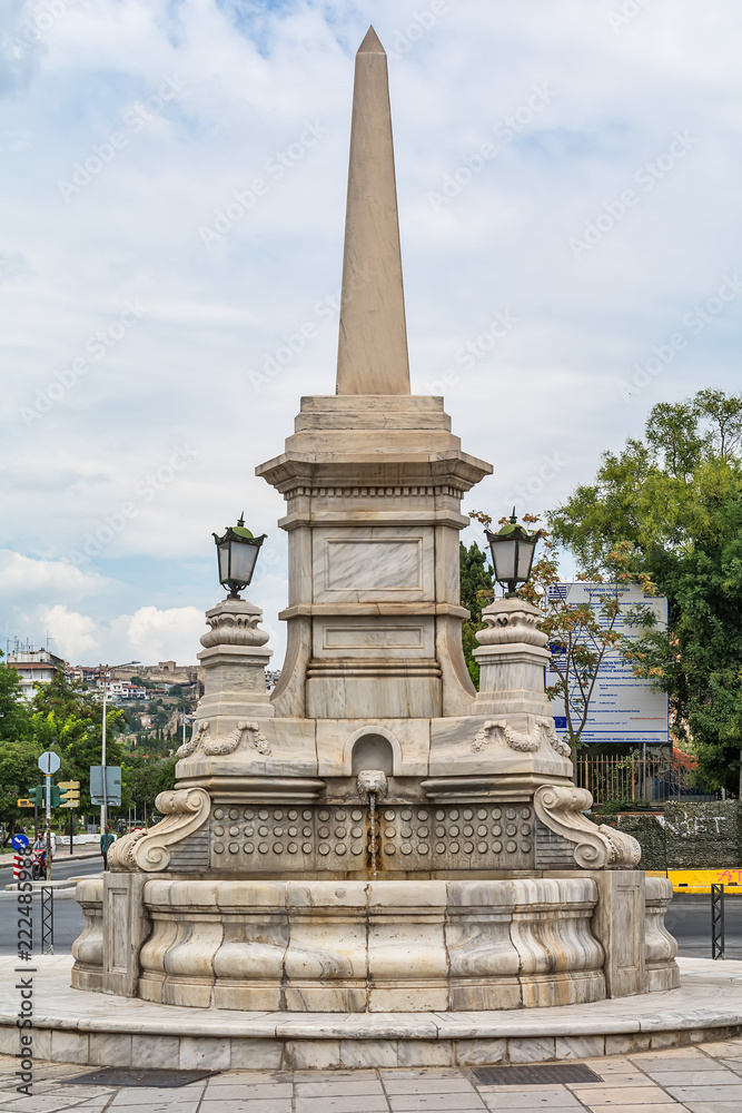 Thessaloniki, Greece - August 16, 2018: Fountain in the center of city of Thessaloniki, Central Macedonia, Greece
