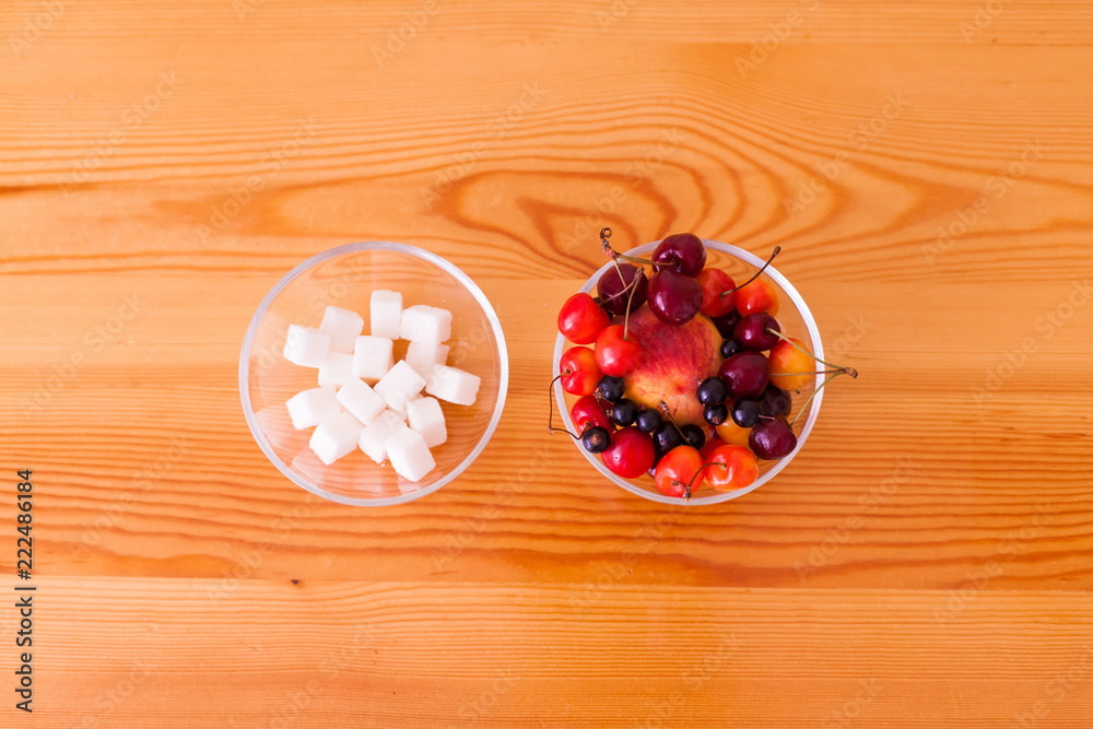 Food. Sugar and cherry, peach, apricot, currant Food. Sugar and cherry, peach, apricot, currant