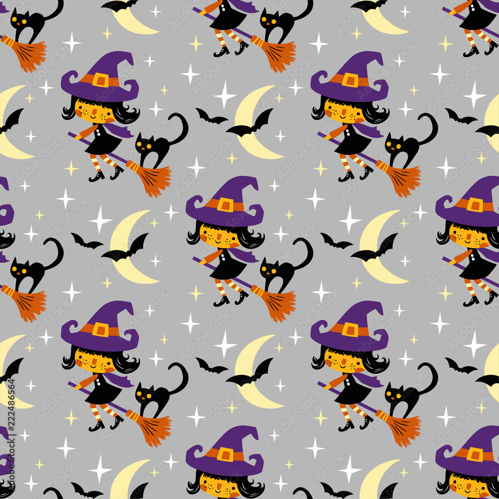 Cute vector Halloween witch and black cat with moon and stars. Cute vector Halloween witch and black cat with moon and stars.