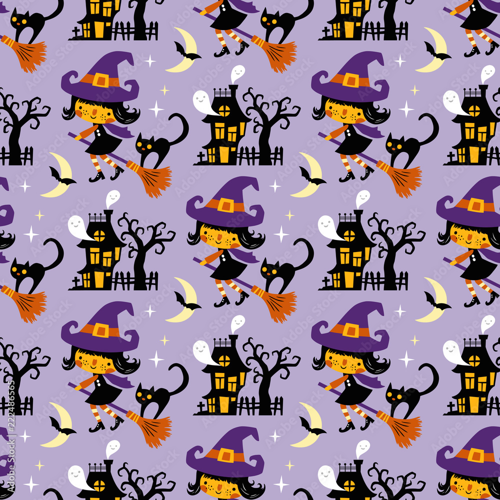 Halloween themed seamless vector pattern with cute witches, black cats, ghosts and haunted houses on purple background.