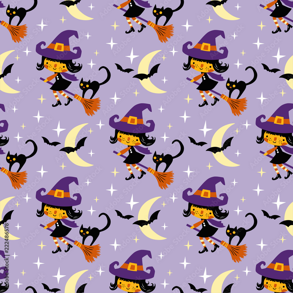 Cute vector Halloween witch and black cat with moon and stars. 