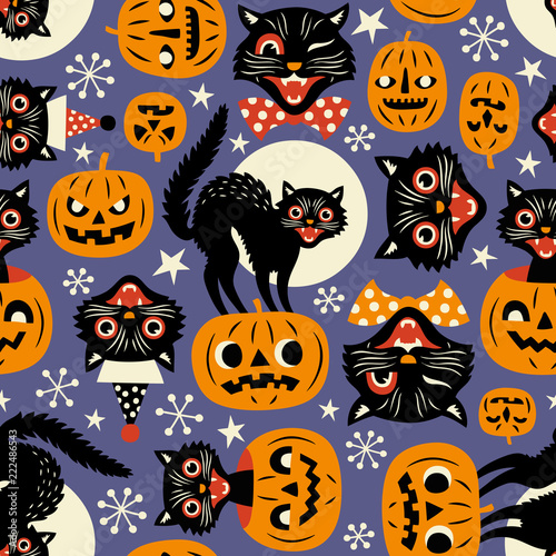 Vintage spooky cats and halloween pumpkins seamless vector pattern on purple background.