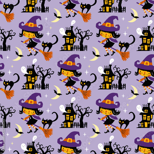 Halloween themed seamless vector pattern with cute witches, black cats, ghosts and haunted houses on purple background.