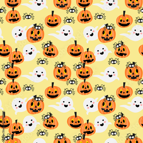 Cute Halloween pumpkins and lovely ghost seamless pattern.