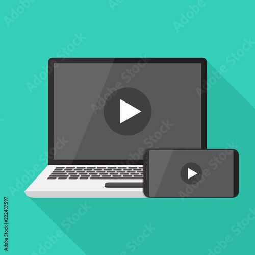 Laptop and martphone video player on screen, flat design vector illustration
