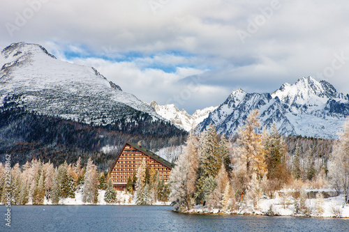 The winter lake Strbske Pleso in the high Tatras Mountains in Slovakia