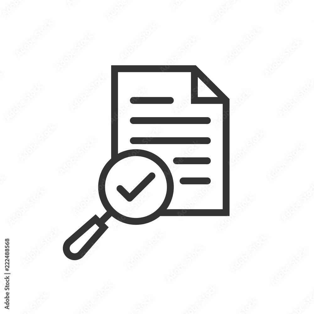 Scrutiny document plan icon in flat style. Review statement vector illustration on white isolated background. Document with magnifier loupe business concept. Scrutiny document plan icon in flat style. Review statement vector illustration on white isolated background. Document with magnifier loupe business concept.