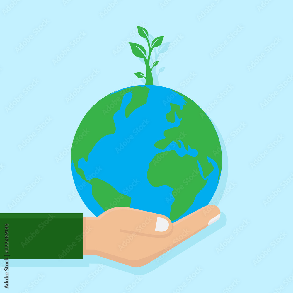Green environment earth illustration vector flat, hand hold earth illustration, green plant, flat design vector illustration Green environment earth illustration vector flat, hand hold earth illustration, green plant, flat design vector illustration