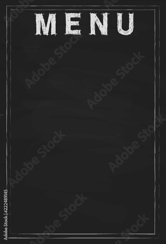 Black chalkboard. Stains from old inscriptions. Text: Menu