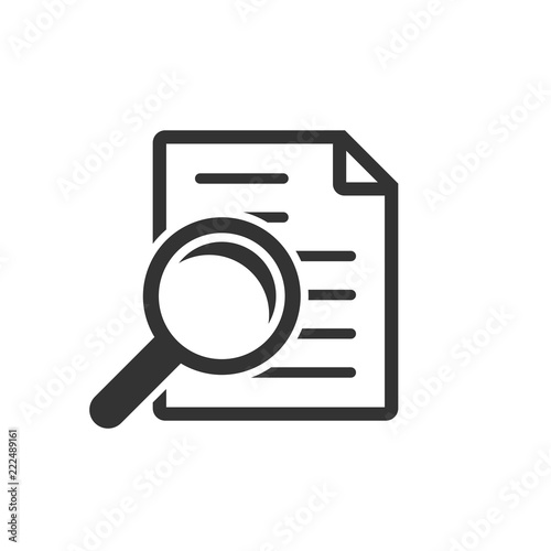 Scrutiny document plan icon in flat style. Review statement vector illustration on white isolated background. Document with magnifier loupe business concept. © Lysenko.A