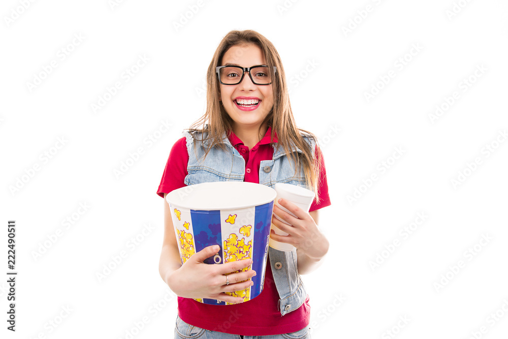 Happy woman with popcorn and soda Happy woman with popcorn and soda