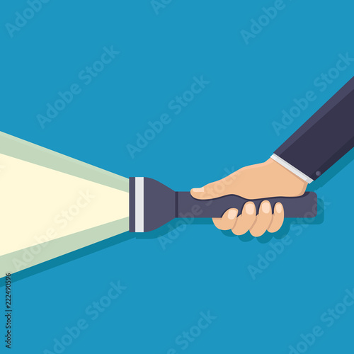 Hand holding a flashlight, flat design vector illustration