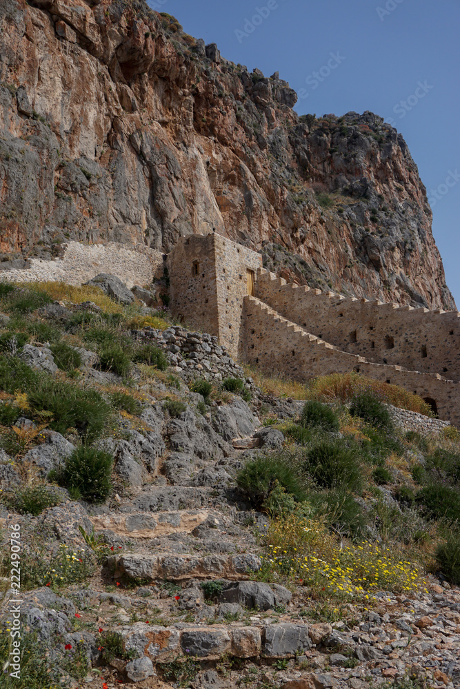 Monemvasia, Greece: The tower bastion of the eastern wall of the medieval castle town of Monemvasia (founded in 583). Monemvasia, Greece: The tower bastion of the eastern wall of the medieval castle town of Monemvasia (founded in 583).