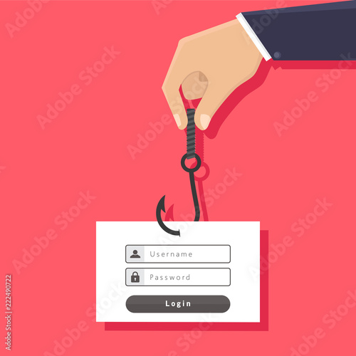 Phishing account, hand holding fishing hook and login account, flat design vector illustration