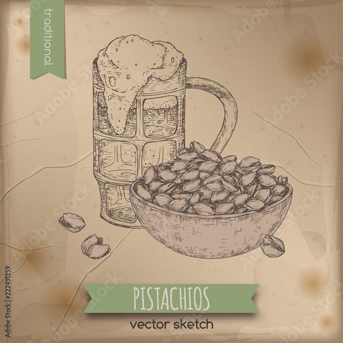 Vintage template with hand drawn beer mug and bowl of pistachios.