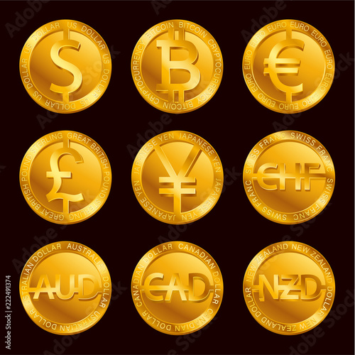 World currencies signs: dollar icon, bitcoin coin, euro sign, pend sterling symbol, Swiss frank etc. Isolated golden Coins icons design, web currency banking concept vector illustration