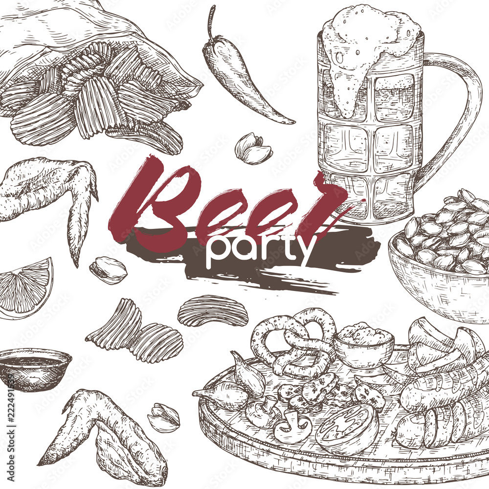 Beer party template with beer mug, chips, nuts, chicken wings and snack plate.