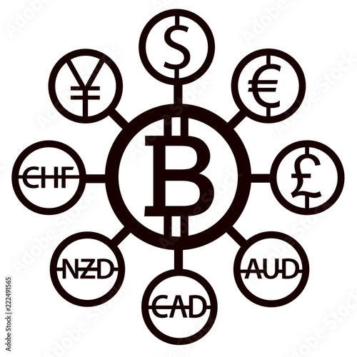 World currencies design creative concept with signs: dollar icon, bitcoin coin, euro sign, pend sterling symbol, Swiss frank etc. Isolated flat Coins icons idea, web currency banking vector 