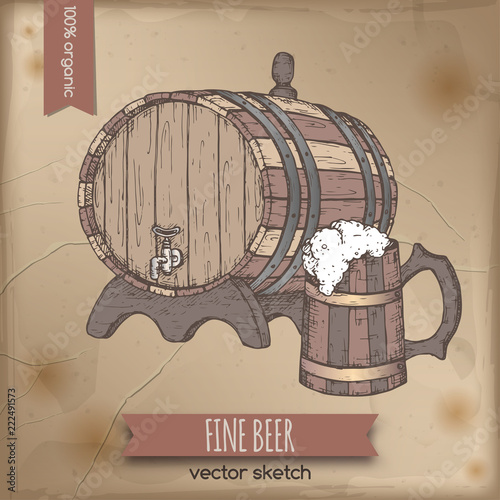 Vintage color template with hand drawn beer keg and mug.
