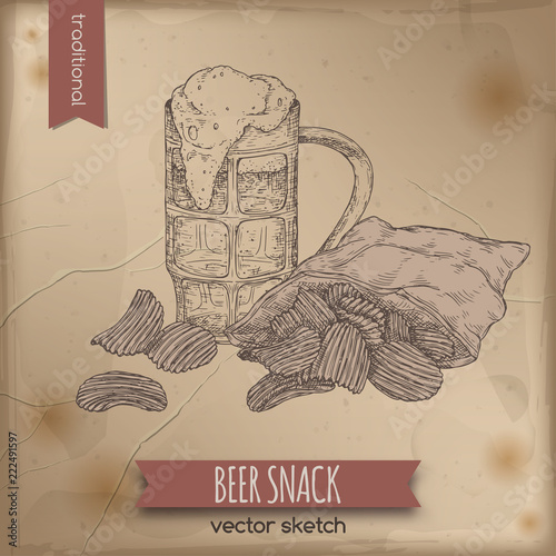 Vintage template with hand drawn beer mug and potatao chips. photo