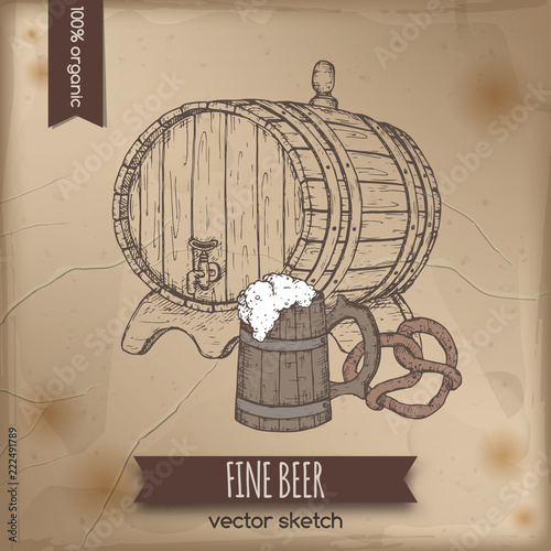 Vintage template with hand drawn beer keg and mug.