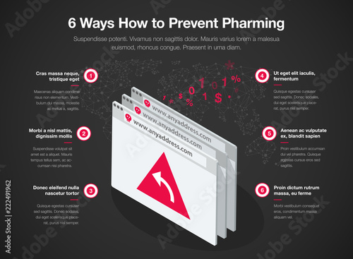 Simple Vector infographic for 6 ways how to prevent pharming redirecting a website's traffic to another fake site. Easy to use for your website or presentation – dark version. photo