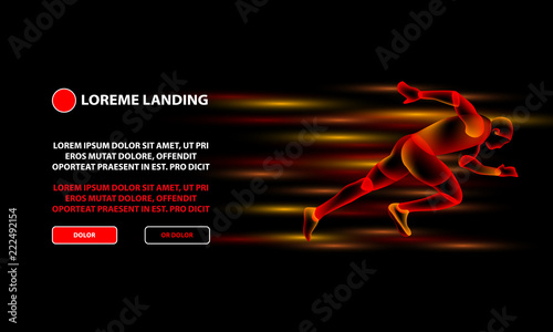 Virtual running man Landing Page Template. Red Fire Sprinter on black background.