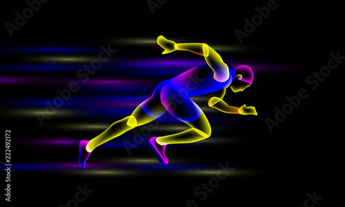 Glowing sprinter runs at night. Neon transparent overlay layers look like a virtual running man.