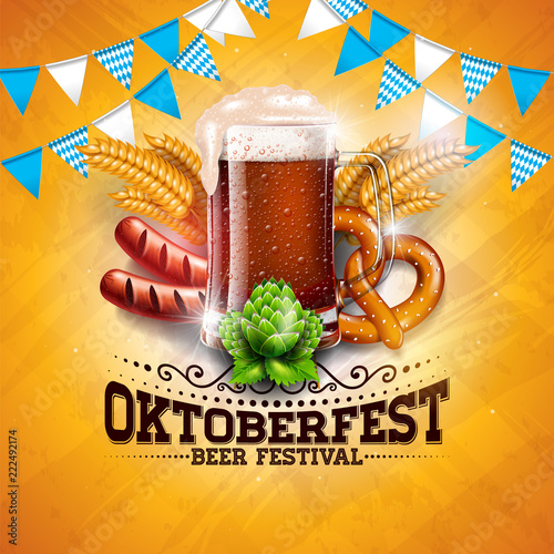 Oktoberfest Banner Illustration with Fresh Beer, Wheat and Hop on Shiny Yellow Background. Vector Traditional German Beer Festival Design Template with Bavaria Party Flag, and Autum Leaves for
