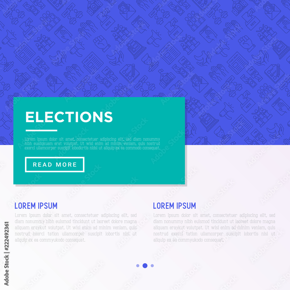 Election and voting concept with thin line icons: voters, ballot box, inauguration, corruption, president, political victory, propaganda, bribe, agitation. Vector illustration, print media template.