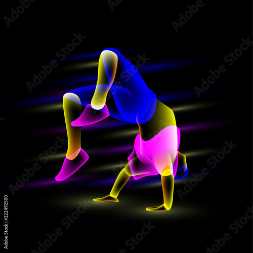 Break dancer doing back flip. Abstract neon transparent overlay street dance illustration.