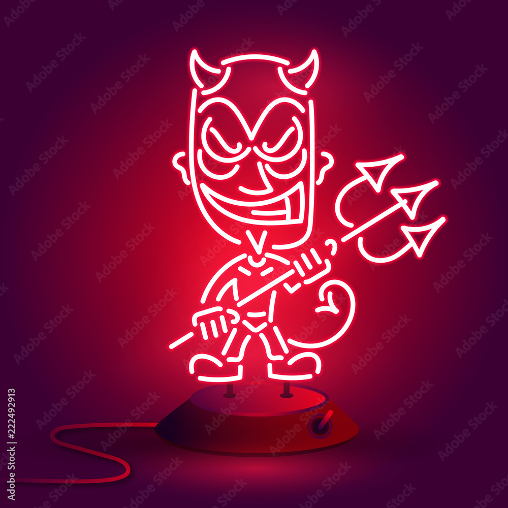 red devil neon.Young demon or devil, Vector illustration red devil neon.Young demon or devil, Vector illustration